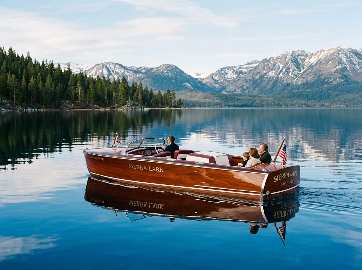 A gleaming restored mahogany classic wooden boat floating on the clear blue water of Lake Tahoe.