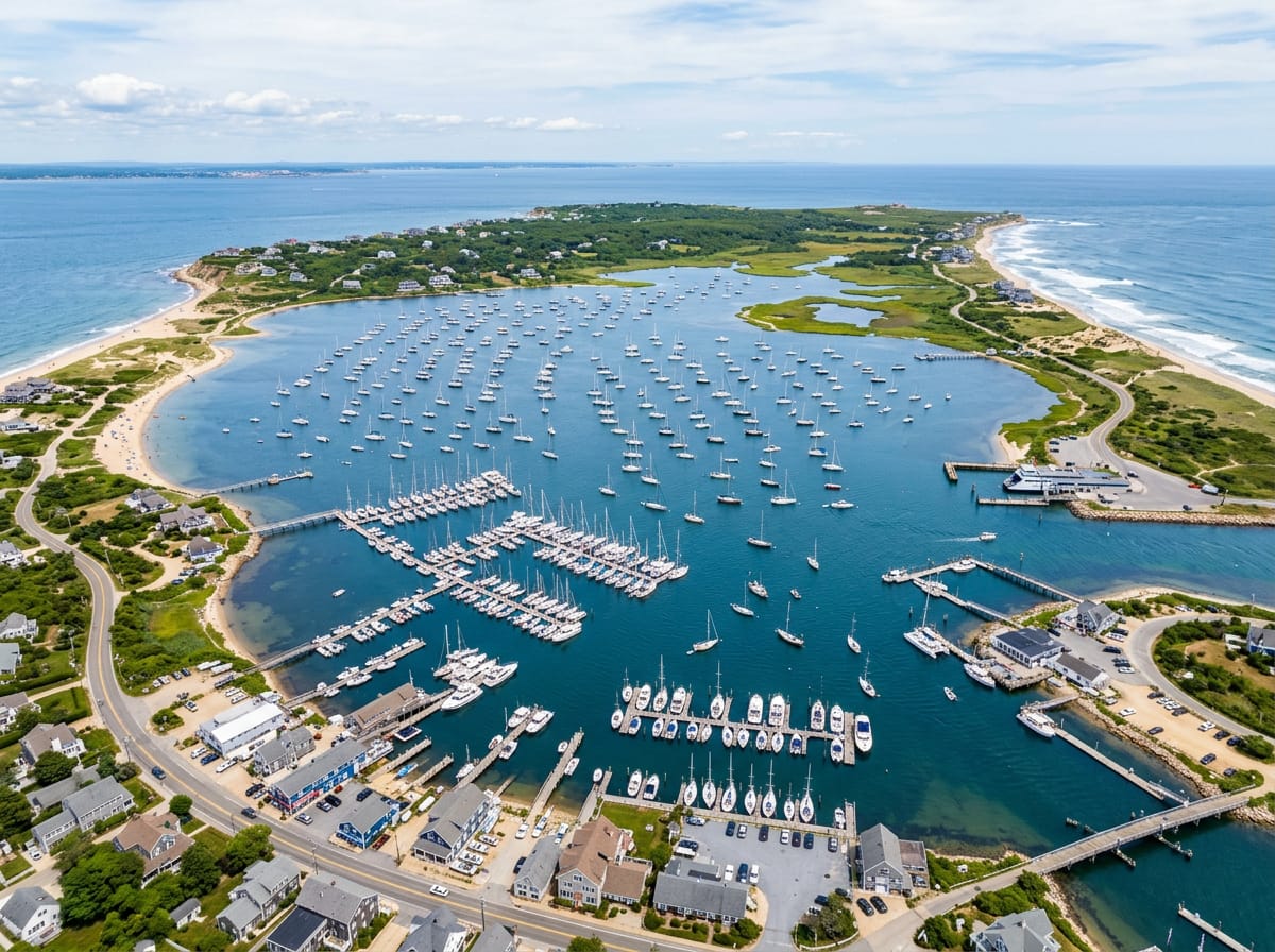 Dozens of sailboats and motor yachts anchored in Block Island's Great Salt Pond on a sunny summer day.