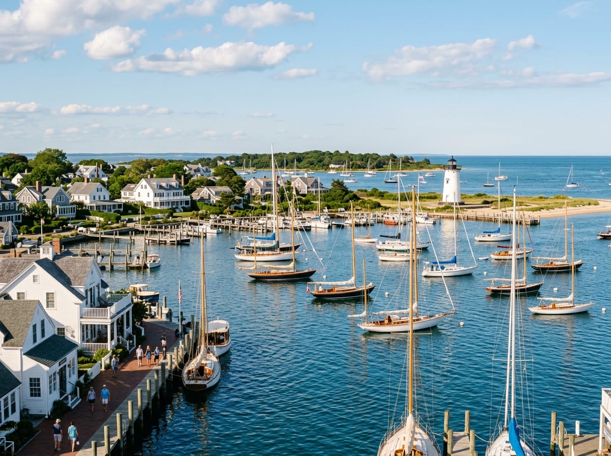 Sailboats and motor yachts moored in Edgartown Harbor on a clear summer day.
