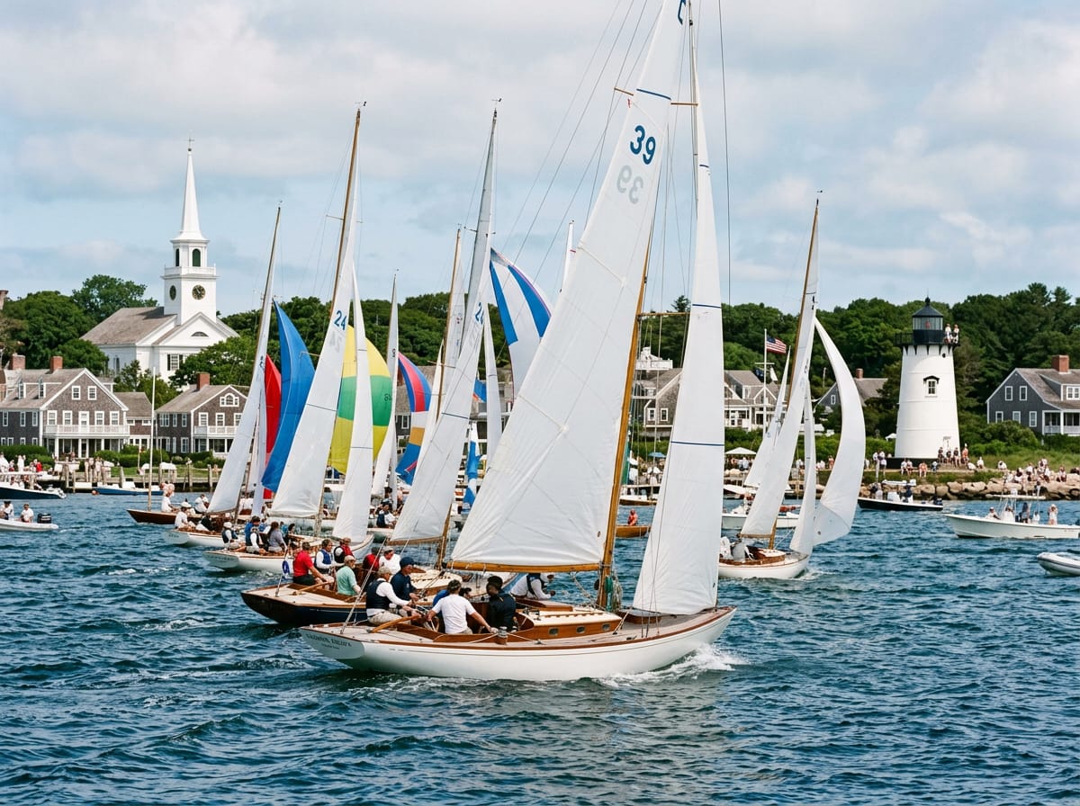 A fleet of sailboats racing through Edgartown Harbor on a bright summer day.