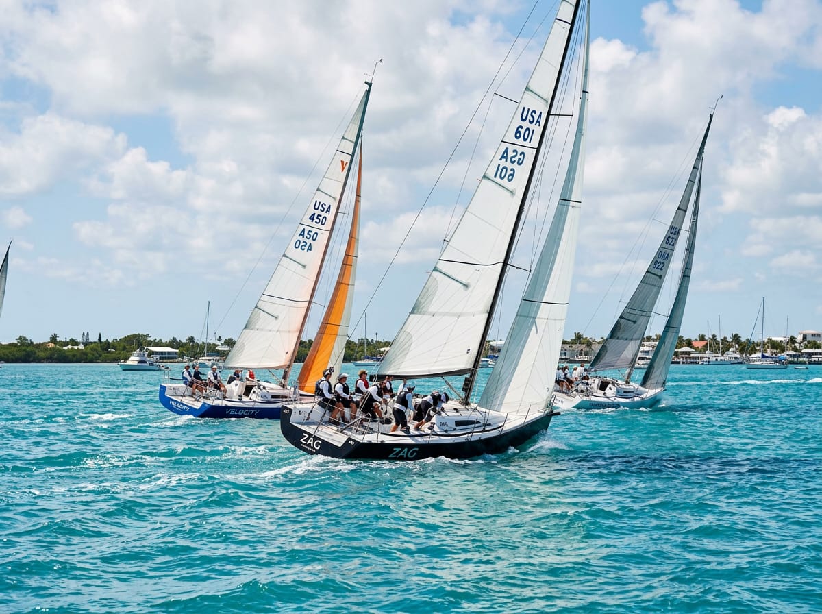 A fleet of sailboats racing on bright turquoise water off Key West during regatta week.