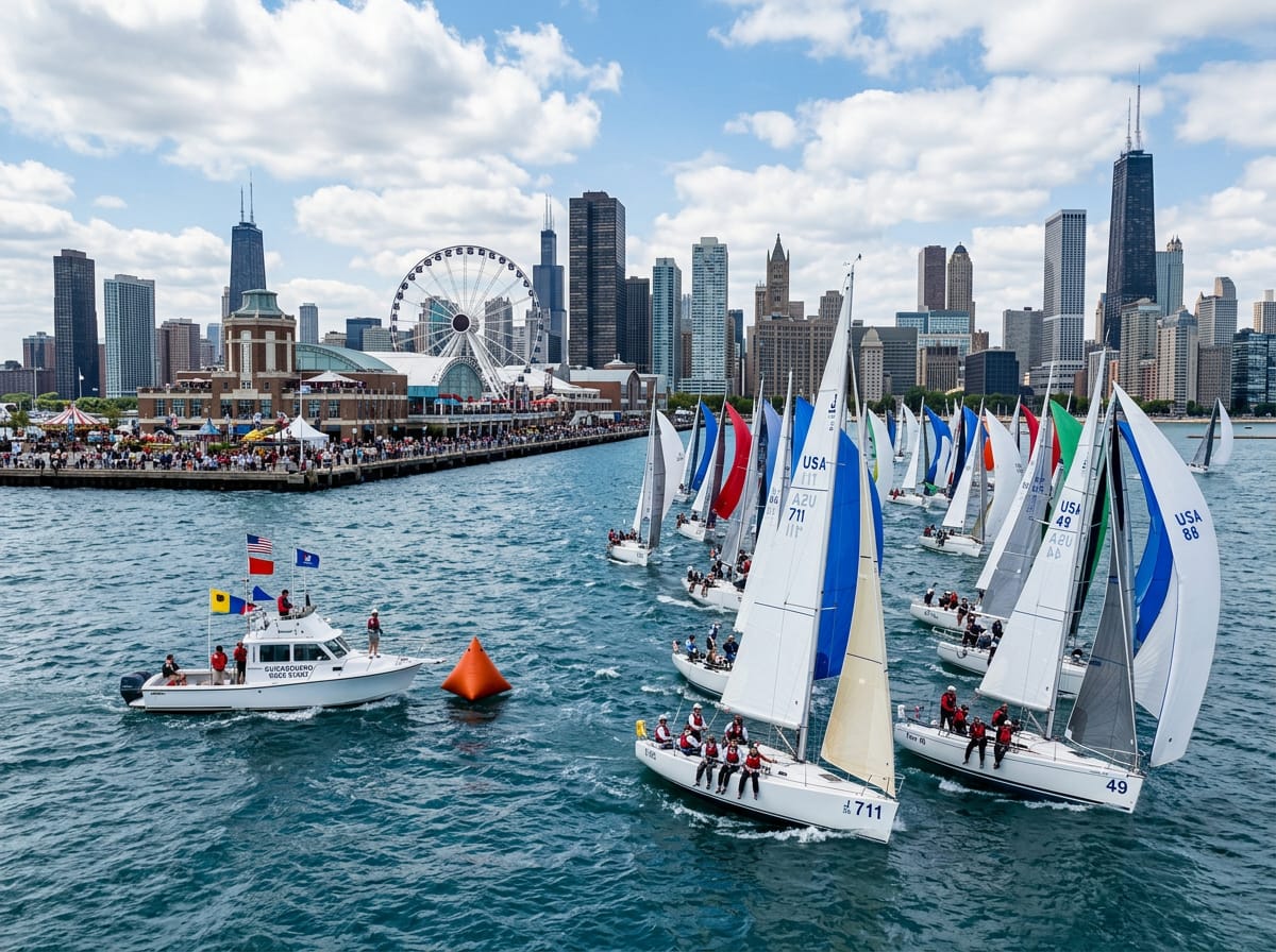 Dozens of sailboats crossing the starting line off Navy Pier with Chicago's skyline in the background.