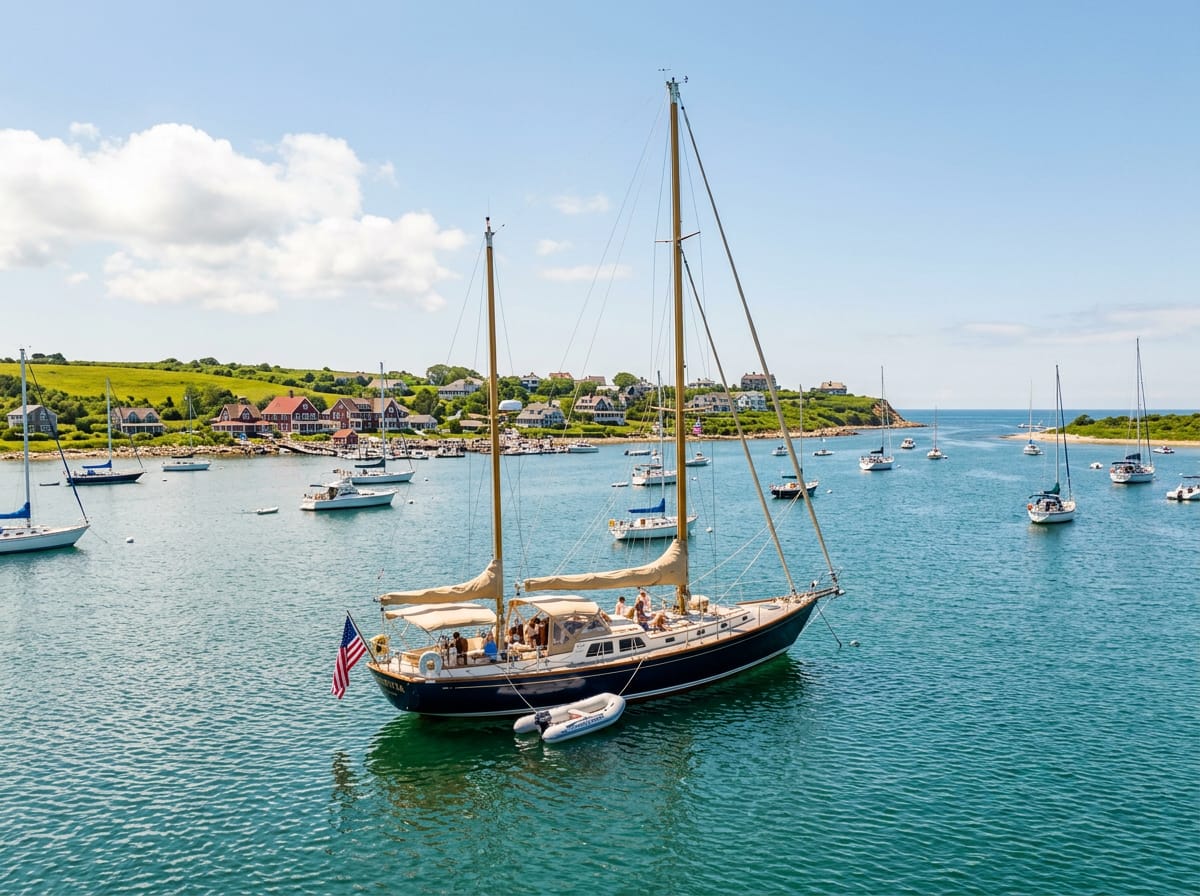 A sailing yacht anchored in Block Island's Great Salt Pond on a sunny summer day.