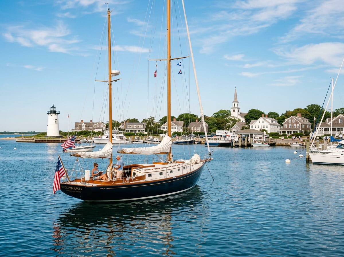 A sailing yacht anchored in a calm Martha's Vineyard harbor on a sunny summer day.