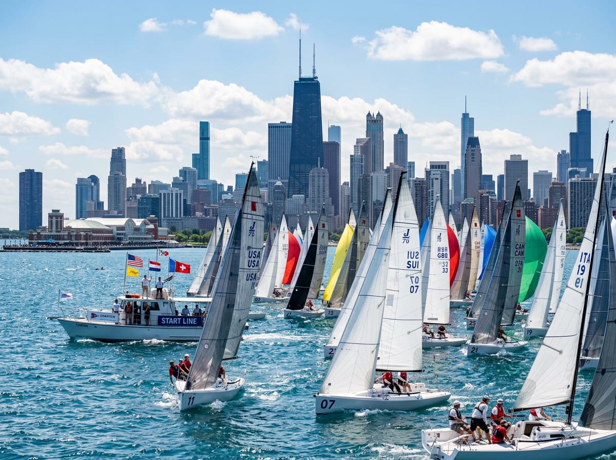 A fleet of racing sailboats launching from Chicago's lakefront with the city skyline behind them.