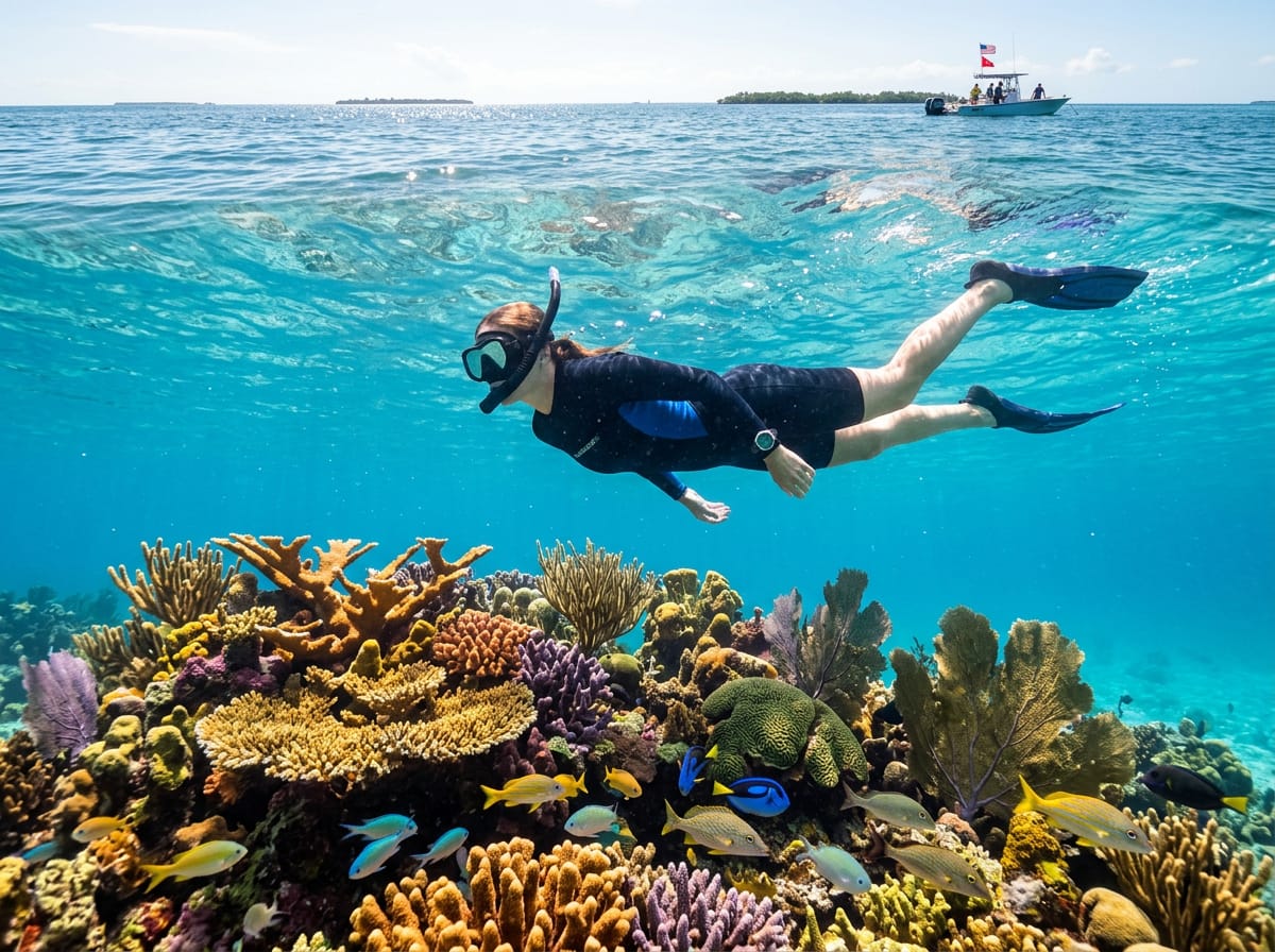 A snorkeler floats above a vibrant coral reef in the crystal-clear waters of the Florida Keys.