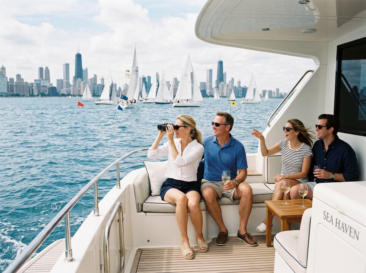 A group of friends on a private charter yacht watching a sailboat race on Lake Michigan.