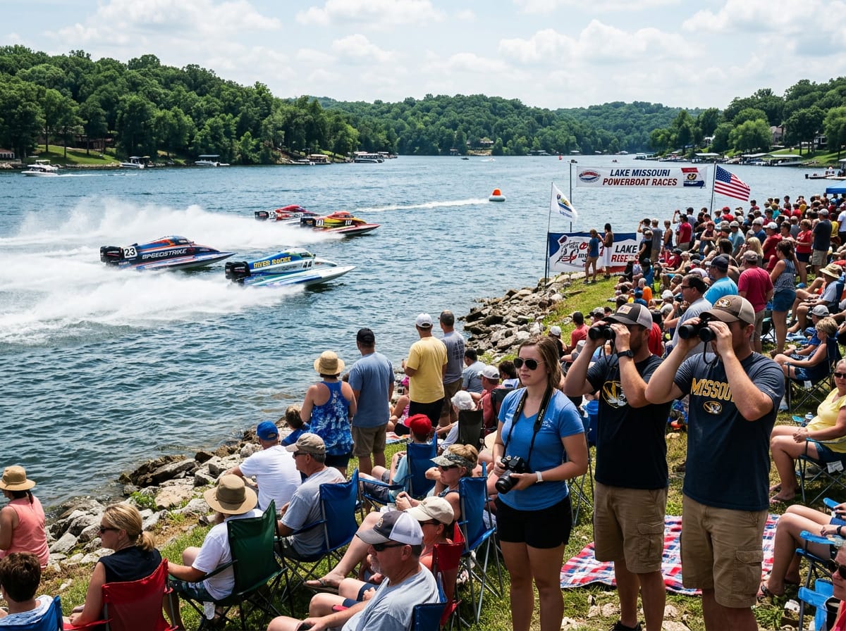 Crowds of spectators line the Lake of the Ozarks shoreline to watch powerboats race during the Shootout.