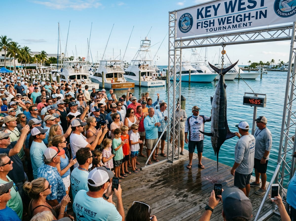 A crowd of spectators gathers at a Key West marina dock to watch tournament fish being weighed.
