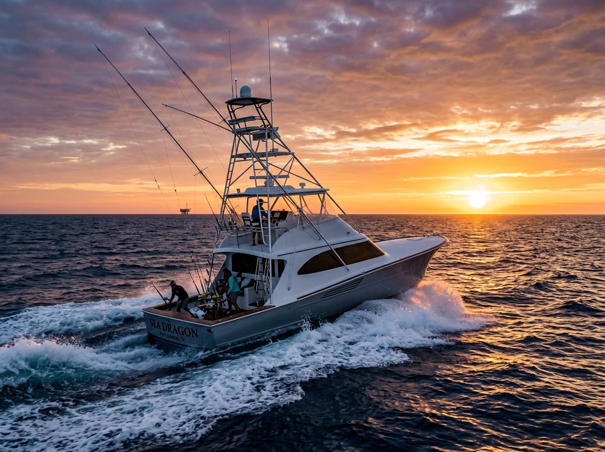 A sport fishing charter boat heads offshore into the Gulf of Mexico at sunrise near Texas.