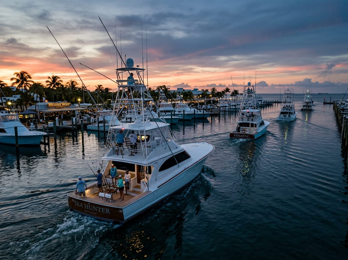 A fleet of sport fishing boats leaves Key West marina at sunrise for an offshore tournament.