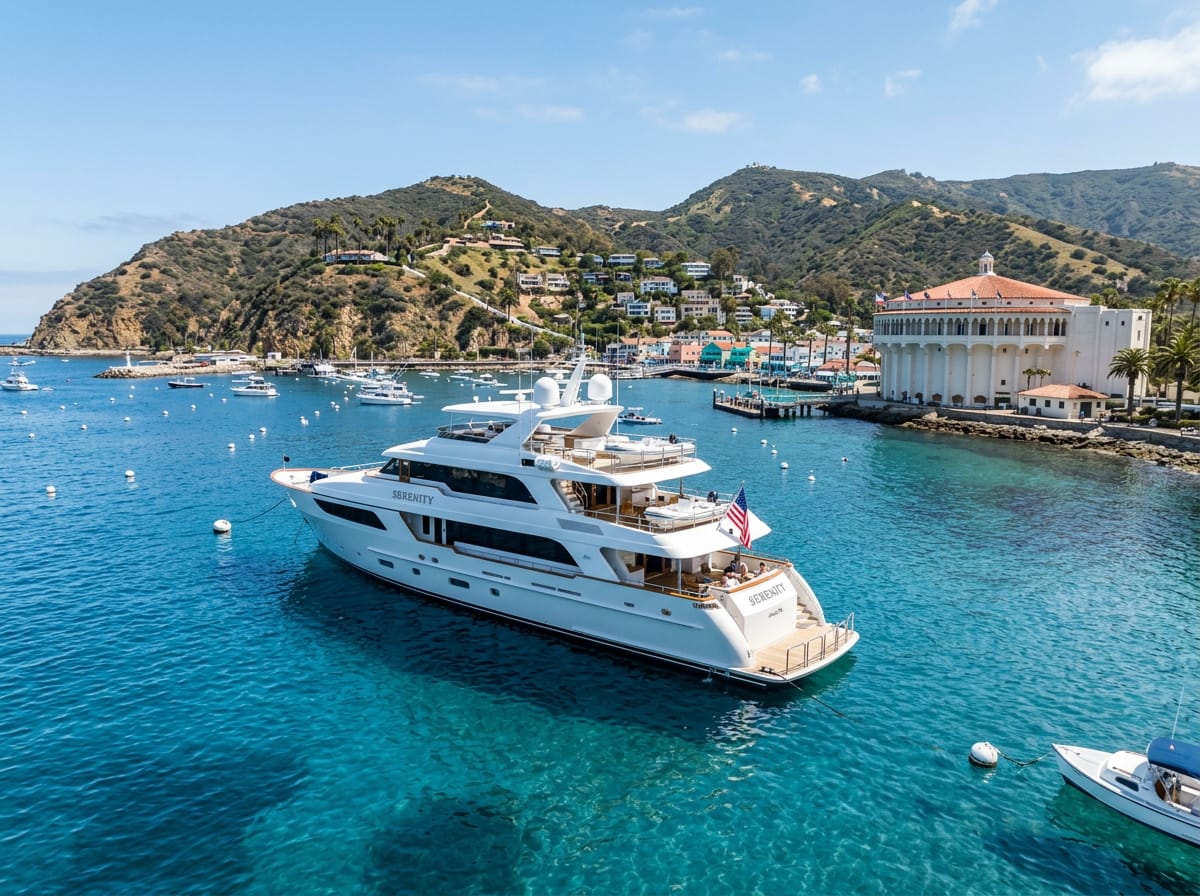 A sailing yacht anchored in clear blue water off Catalina Island near Avalon, California.