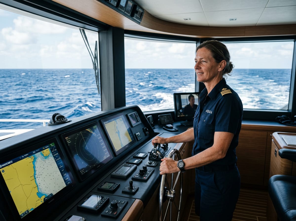A captain navigating a large motor yacht across open ocean waters.
