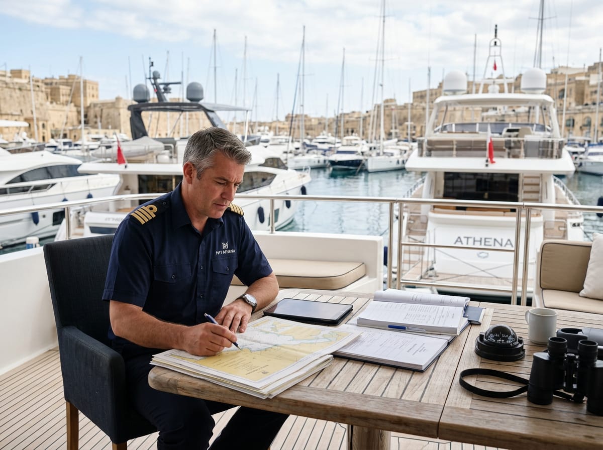 A yacht captain reviewing charter paperwork on the deck of a vessel at a marina slip.