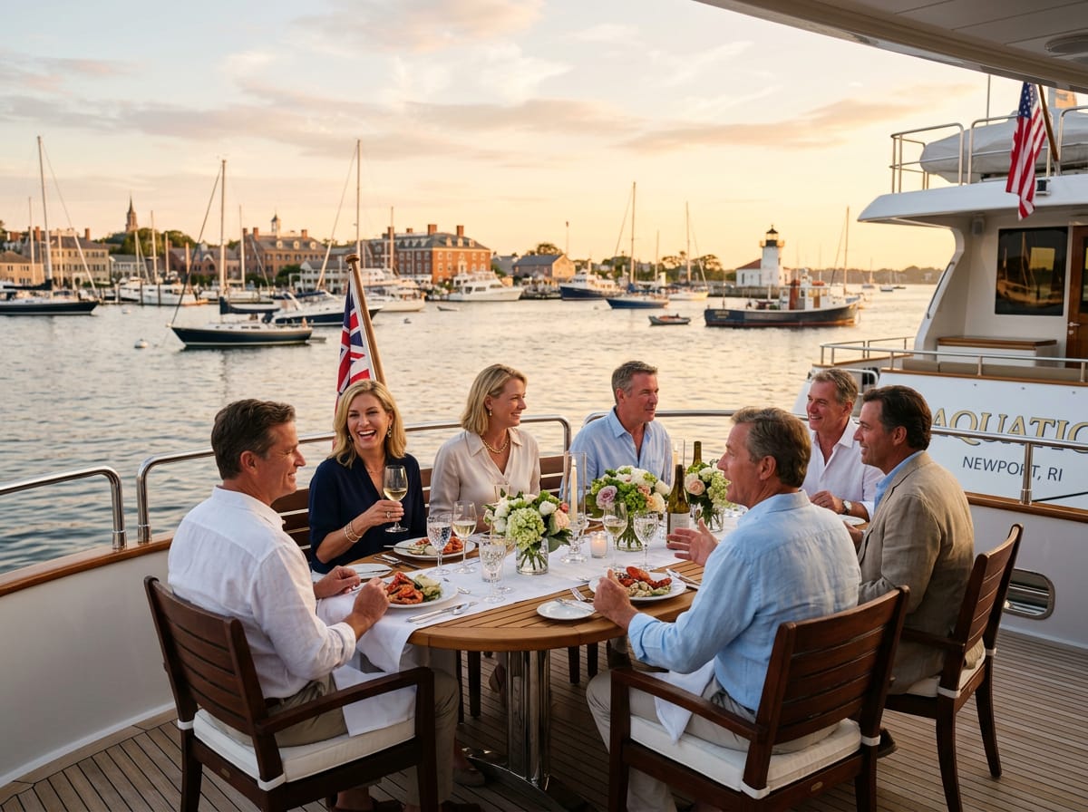 Charter guests enjoying an alfresco dinner on a yacht deck in a New England harbor at golden hour.