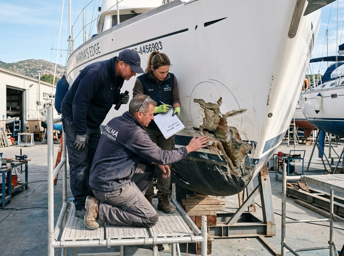 Boatyard workers inspecting hull damage on a yacht out of the water for repairs.