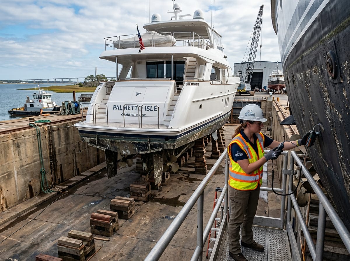 Marine surveyor inspecting the hull of a charter yacht in dry dock.