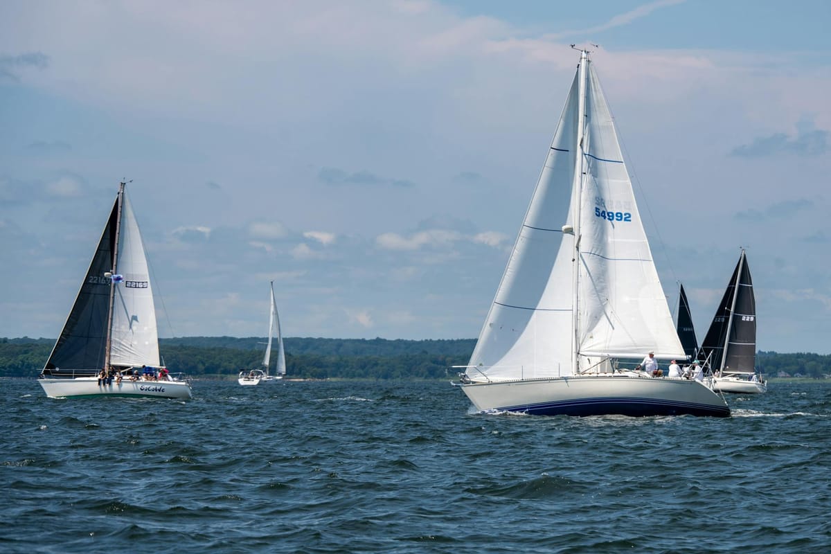 Sailboats with colorful spinnakers deployed during a summer race on an alpine lake.