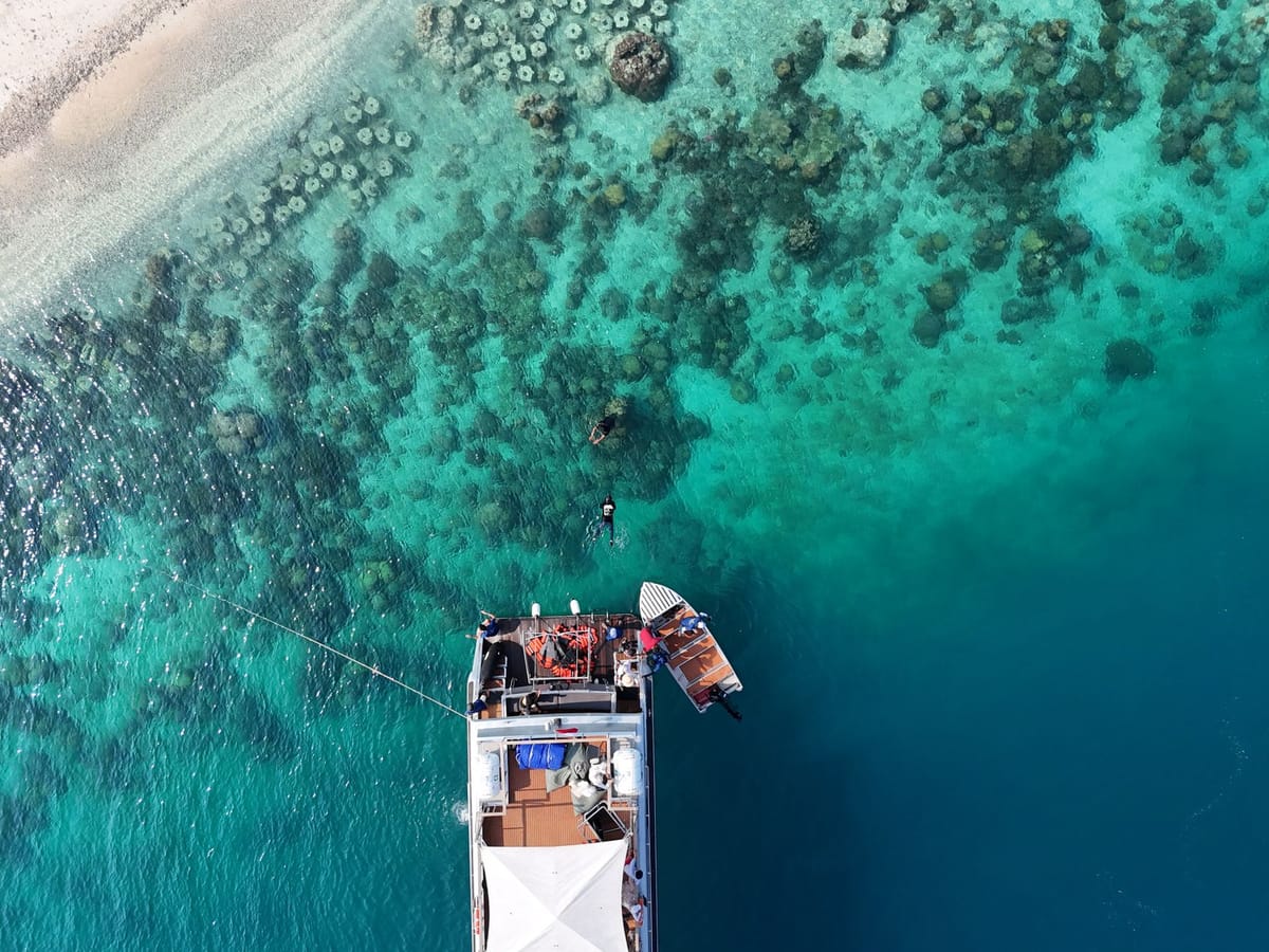 Charter guests snorkeling and using water toys off the back of a yacht in the Florida Keys.