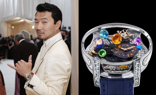 Far from his days as the infamous stock model, Simu Liu's wrist flexes the million dollar Jacob and Co Astronomia Solar Baguette.