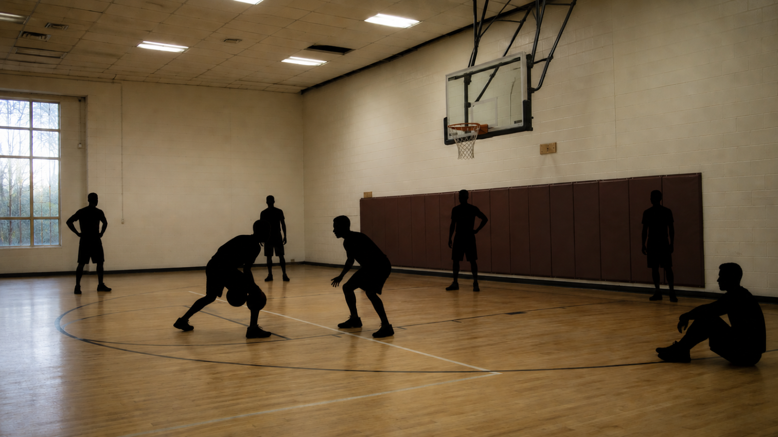An empty community gym basketball court with worn hardwood floor, a single basketball near the free-throw line, and no players on the court.