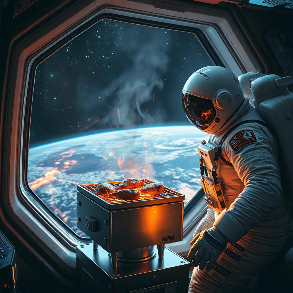 cosmonaut grilling chicken over a compact grill module, sparks and smoke drifting in zero-g, futuristic station window with starfield and Earth backdrop, realistic textures, dramatic rim light, ultra-detailed