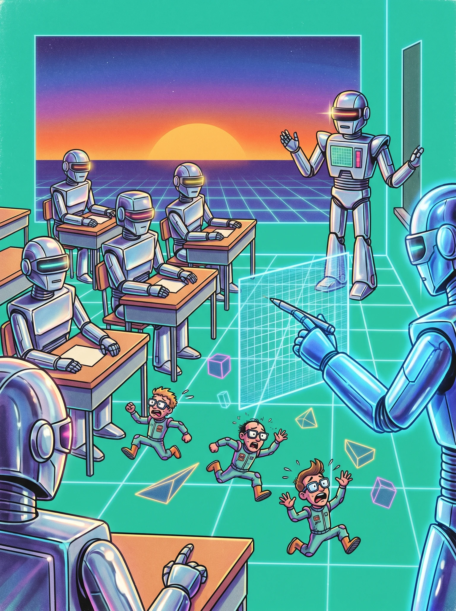 tiny teachers panicking as AI robots take over their classrooms