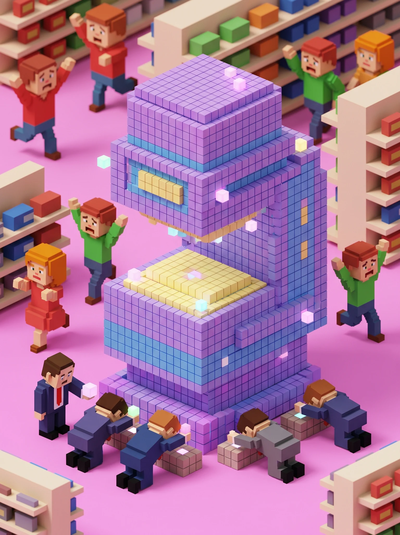 tiny retail managers worshipping a gigantic non-invasive fetal sequencing machine while customers panic