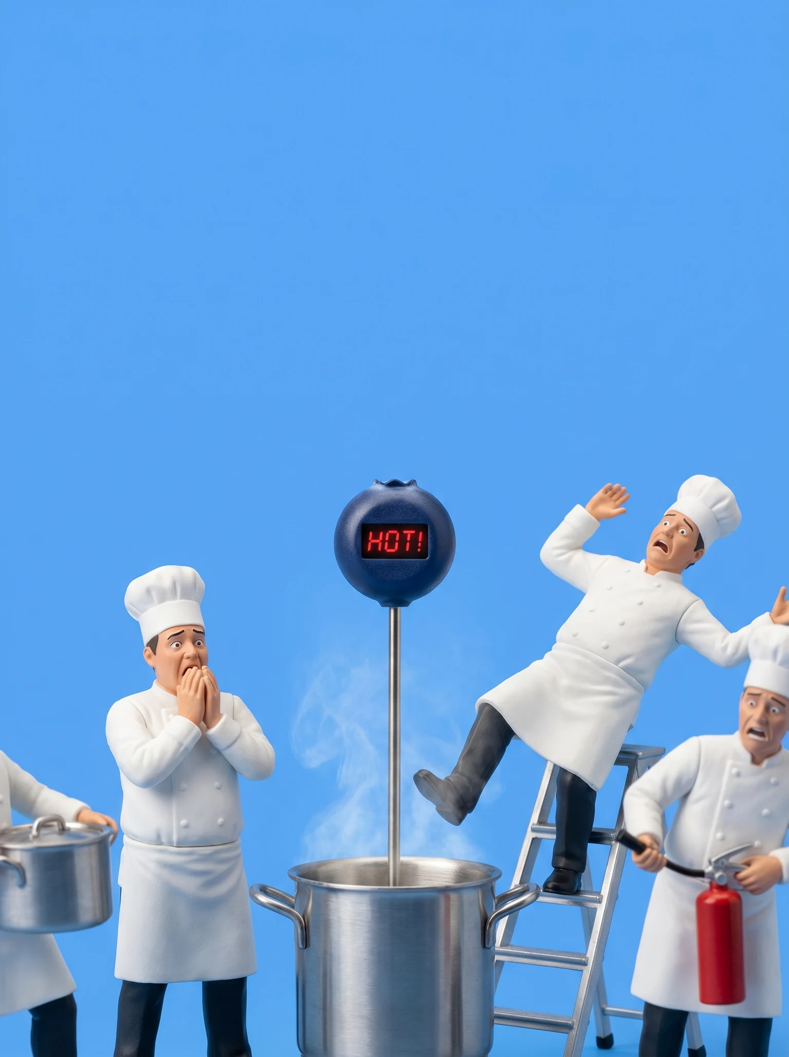 a pixel art scene with tiny chefs panicking while a blueberry-sized sensor takes temperature readings of their dishes