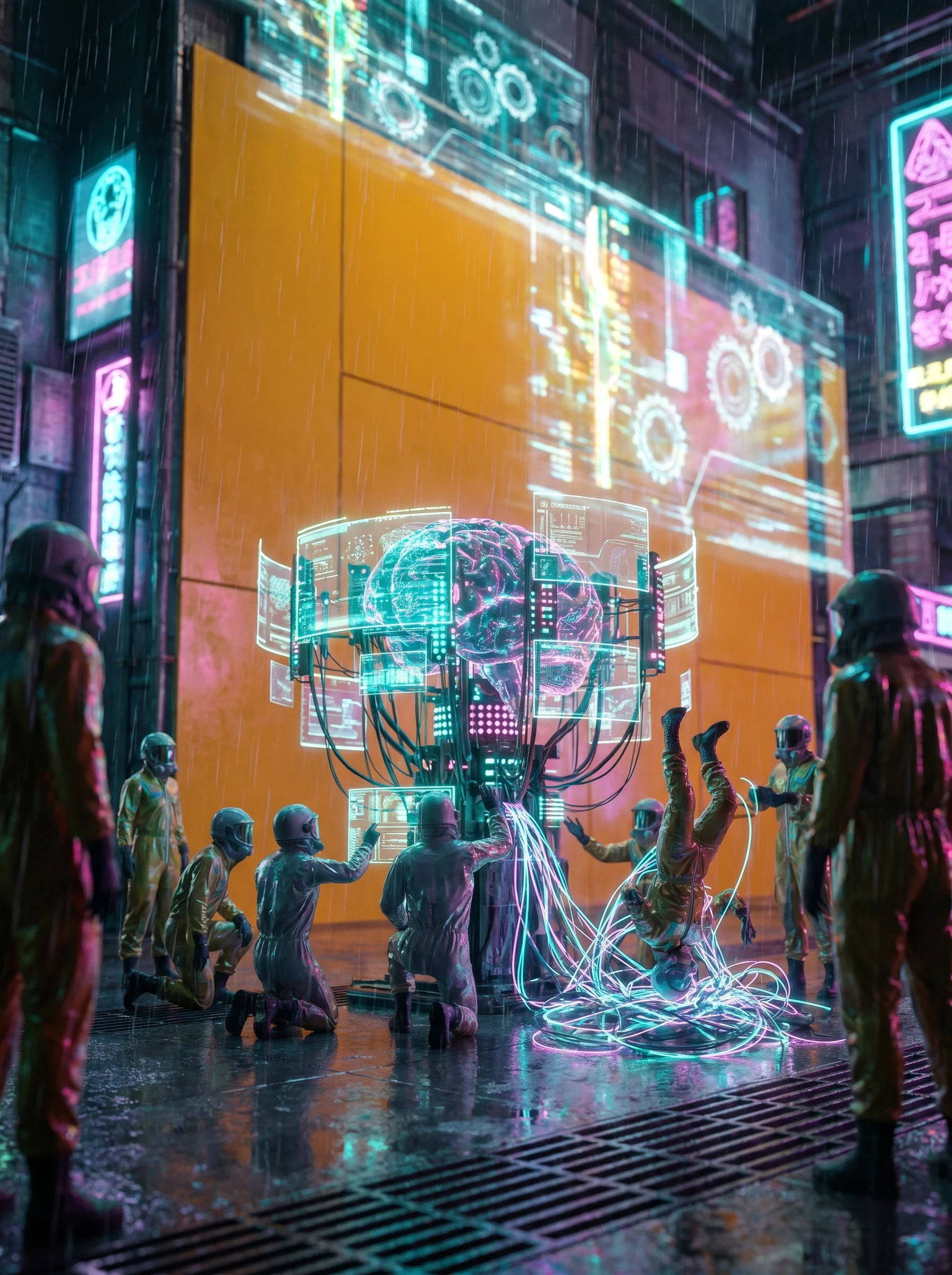 Tiny factory workers worshipping a giant brain-computer interface, while one is tangled in cables.