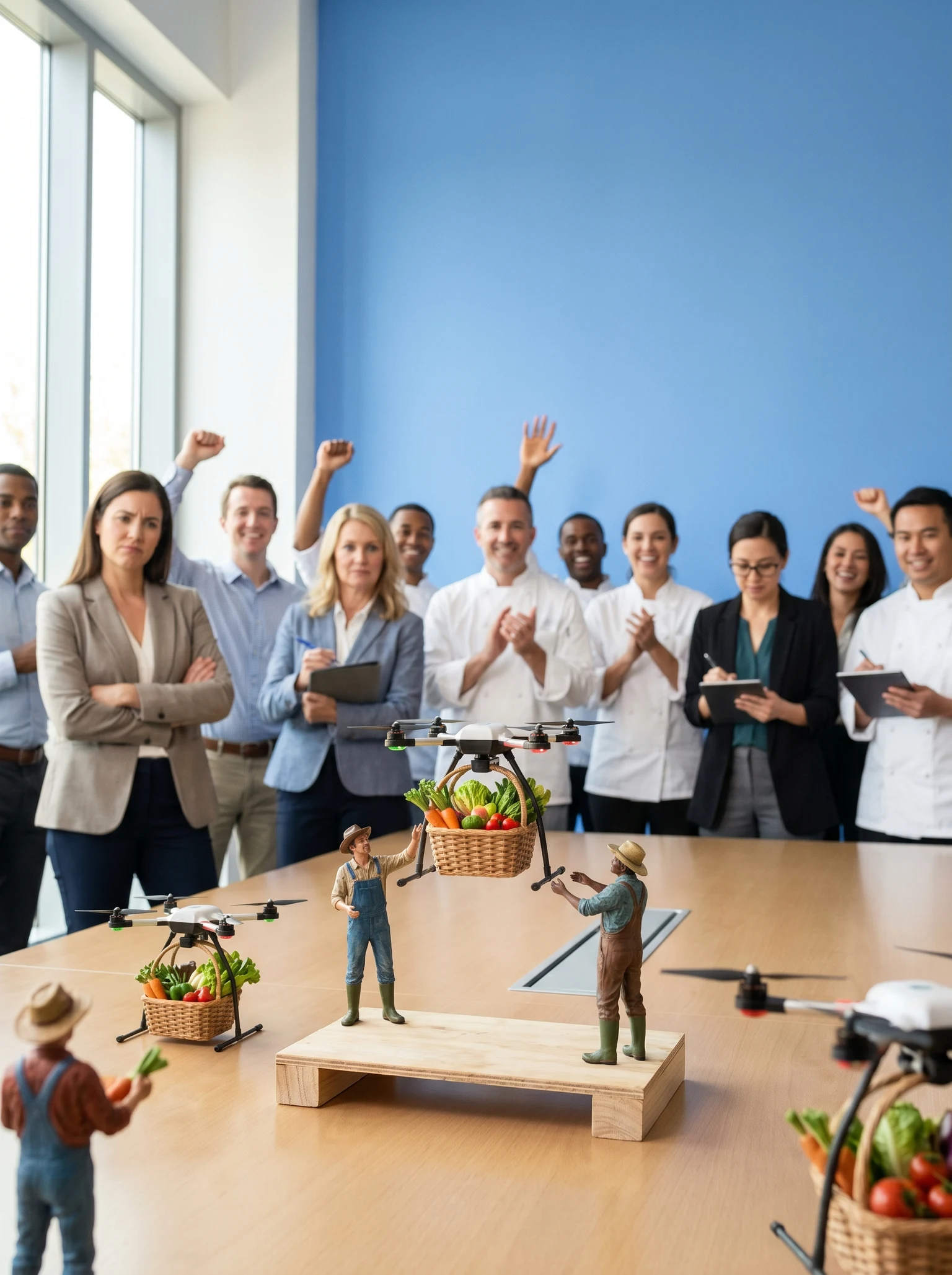 tiny farmers launching drones with baskets full of organic vegetables while a small crowd of chefs and consumers cheer, some skeptically taking notes or crossing their arms skeptically