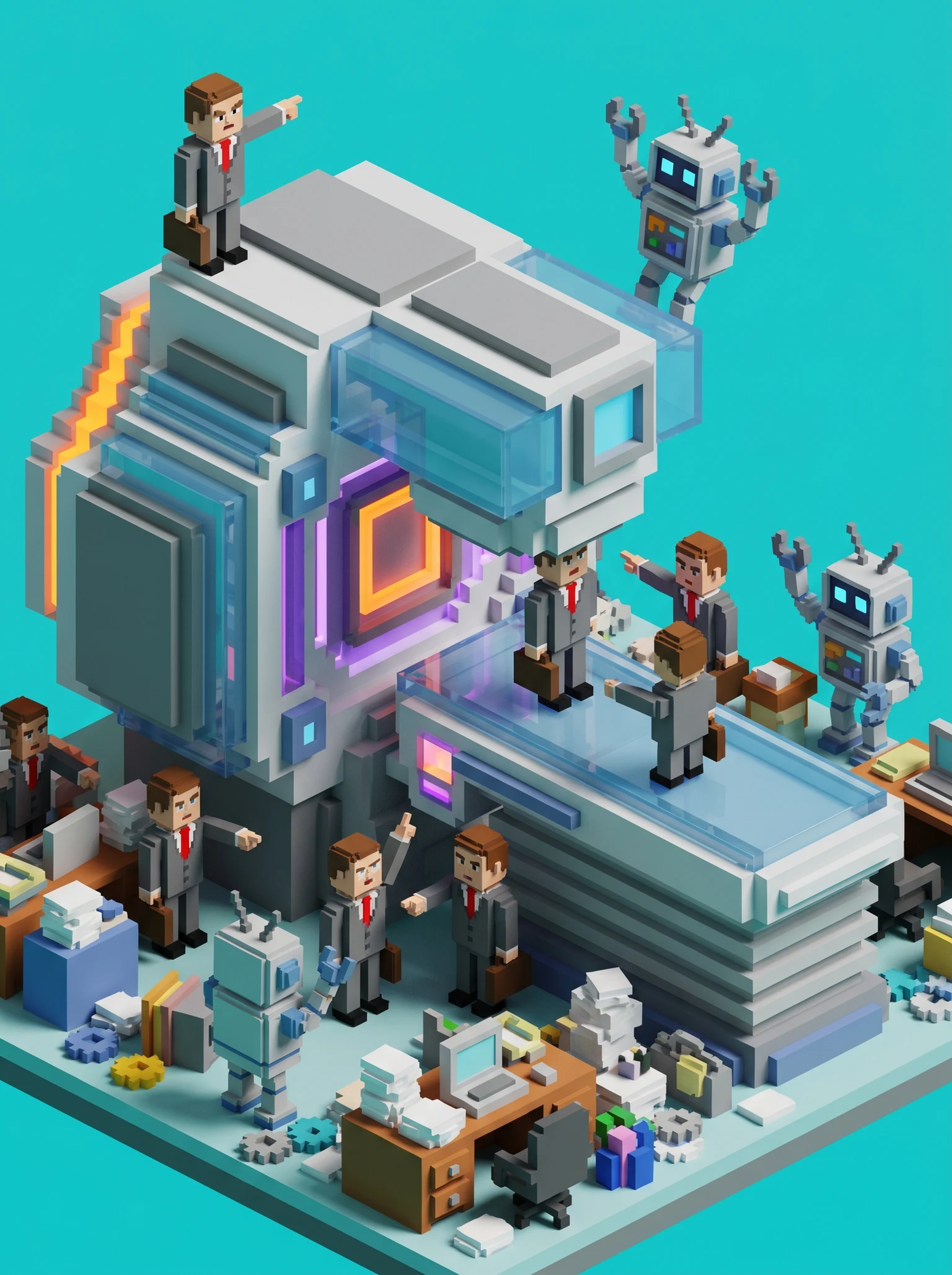 tiny lawyers arguing with AI robots over a giant medical ray machine