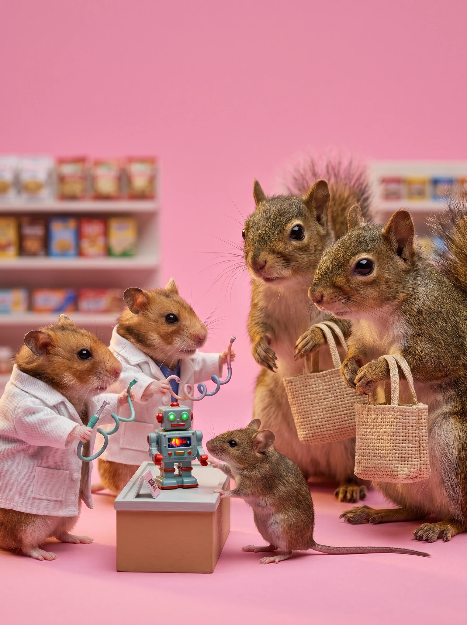 tiny retail workers in lab coats trying to sell catheters to confused shoppers holding shopping bags, while a miniature robot demonstrates a medical device in a store aisle.