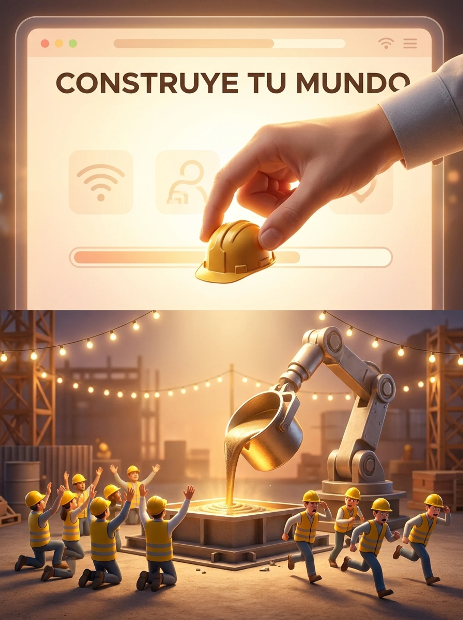 tiny construction workers worshipping a giant robotic arm pouring cement while others panic and run away