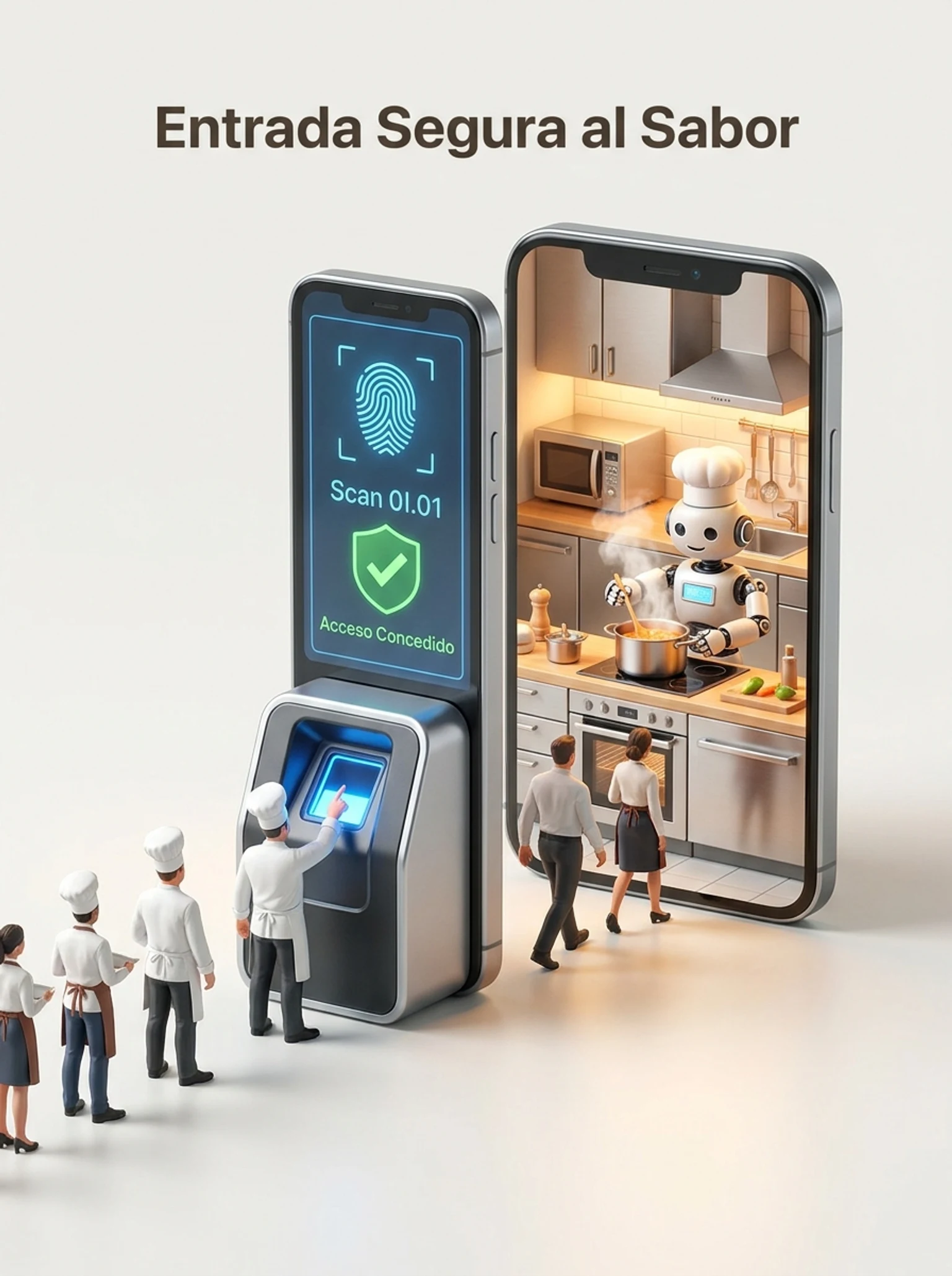 pessoinhas diminutas da indústria de restaurantes fazendo fila em um scanner biométrico para entrar em uma cozinha, enquanto um pequeno robô chef já está cozinhando
