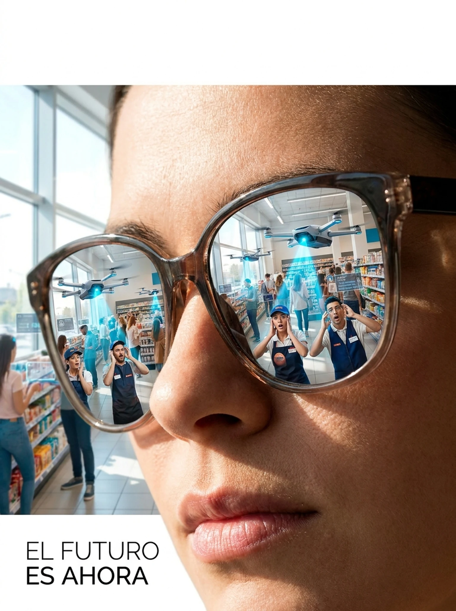 Tiny retail workers panicking as drones with AI tags scan products and customers inside a busy store.
