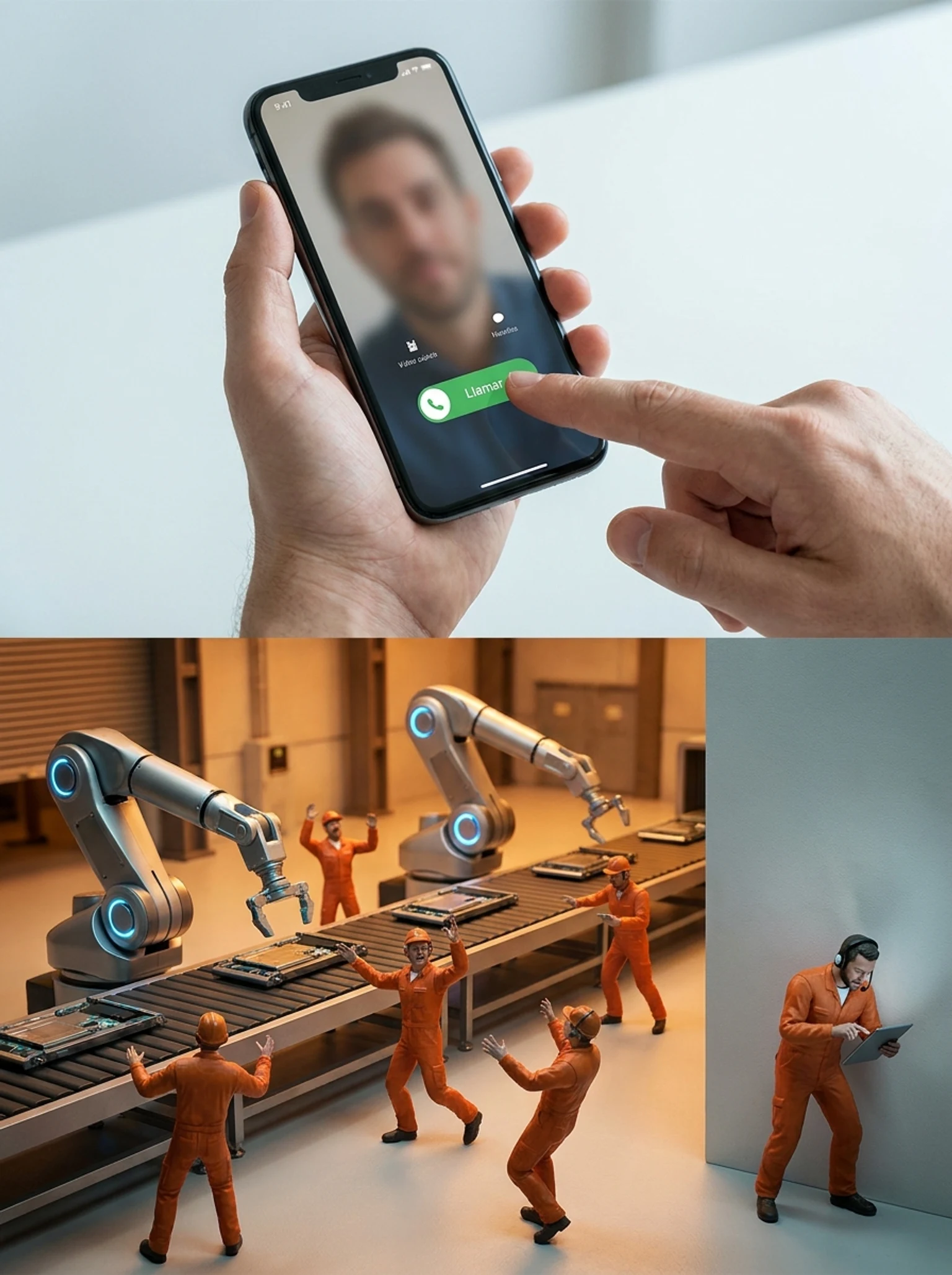 trabajadores diminutos de una fábrica entrando en pánico mientras los robots toman el control de su línea de ensamblaje, mientras un trabajador intenta participar en una videollamada desde una esquina