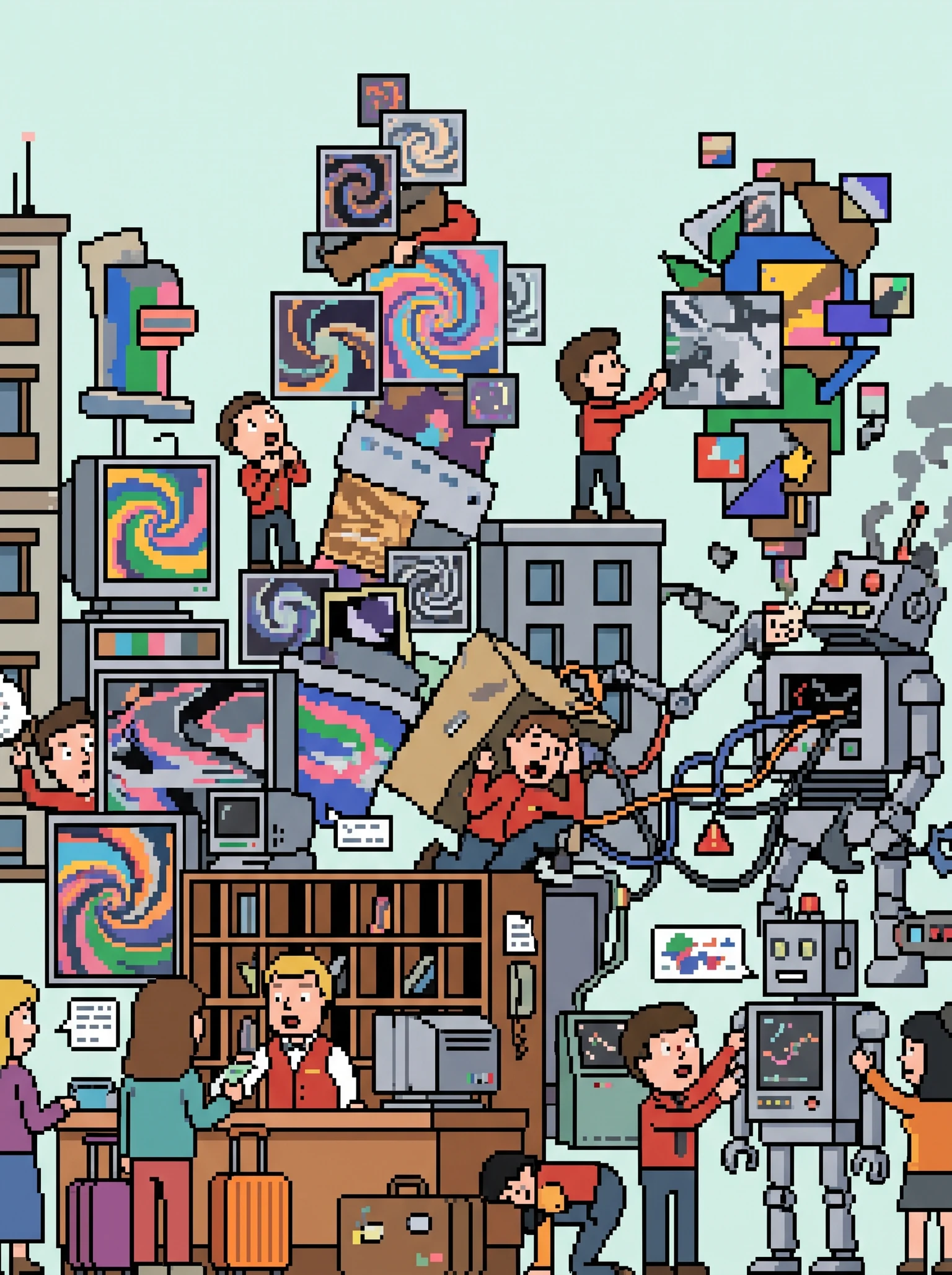 Hotel staff surrounded by AI-generated images, some admiring, others in chaos, while guests check in.