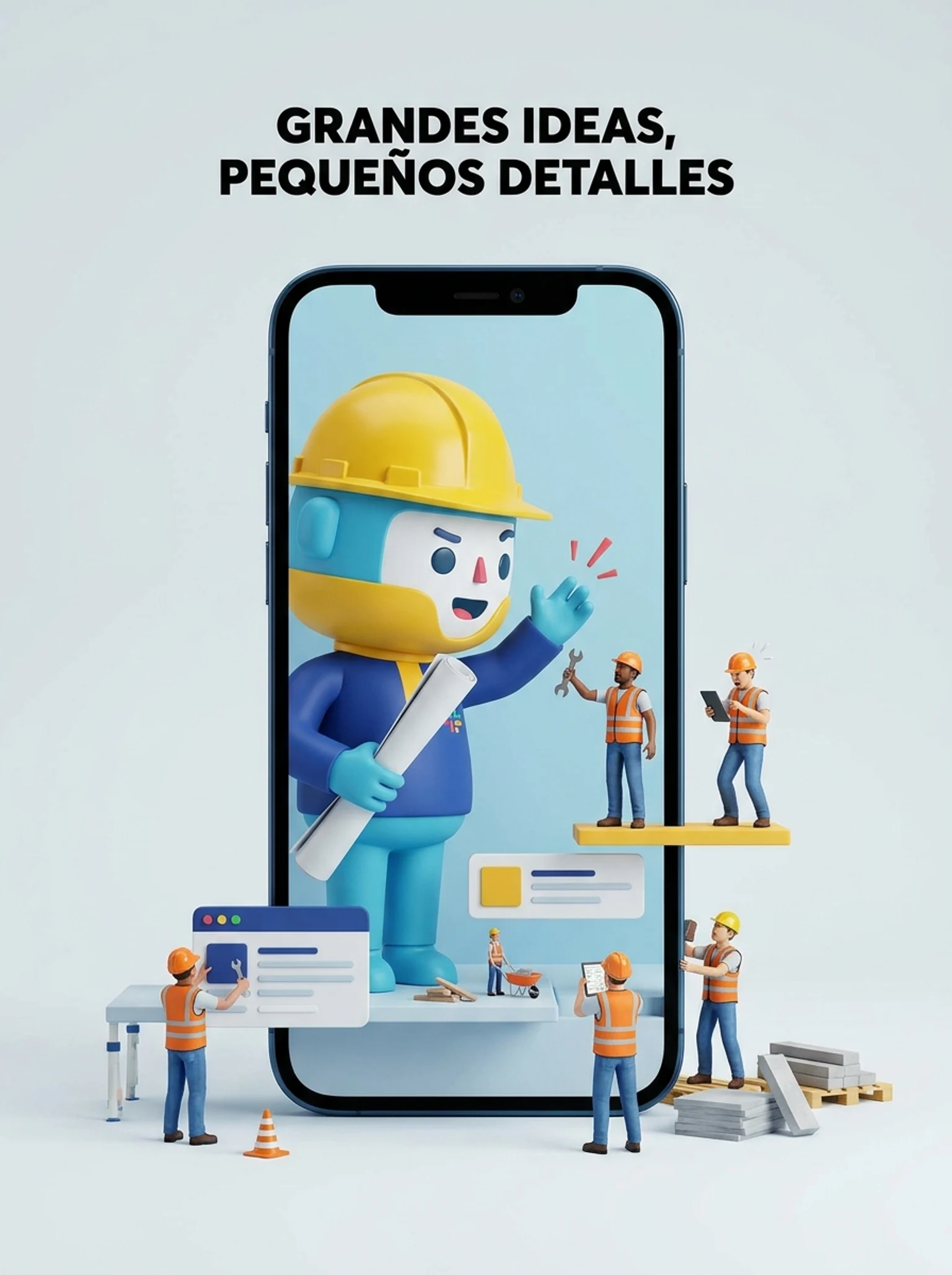 tiny construction workers arguing with a giant Slackbot wearing a hard hat and holding a blueprint, while one worker tries to bribe it with a wrench and another frantically scrolls on a tablet