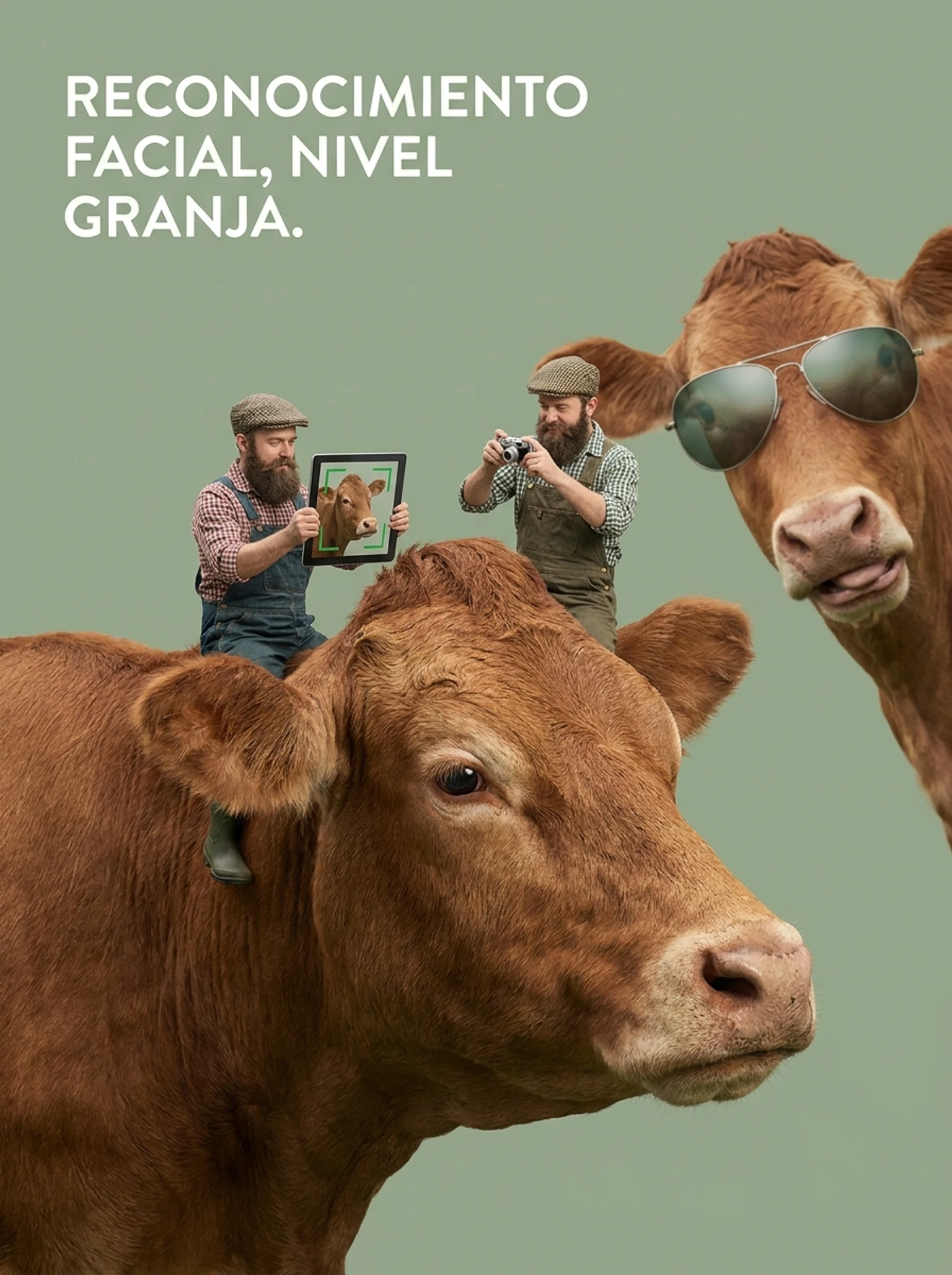 tiny farmers using facial recognition to identify cows, some cows wearing sunglasses to fool the system
