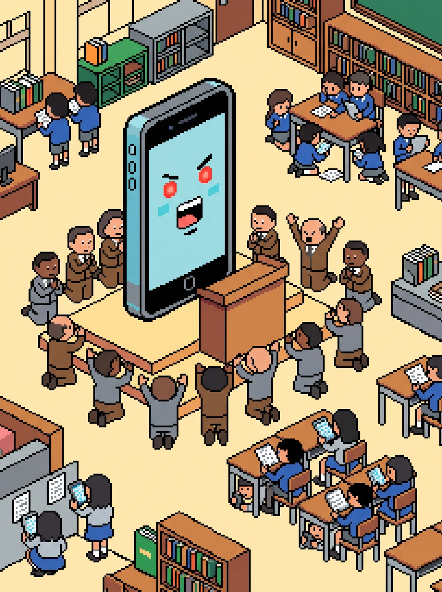 professores diminutos em uma sala adorando um smartphone falante gigante, enquanto alunos diminutos o usam para trapacear em exames