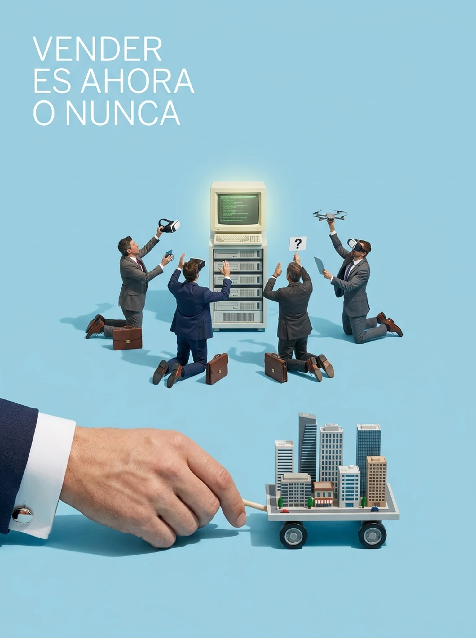 Agentes inmobiliarios diminutos adorando una computadora gigante de IA, entrando en pánico mientras intentan vender casas usando tecnología.