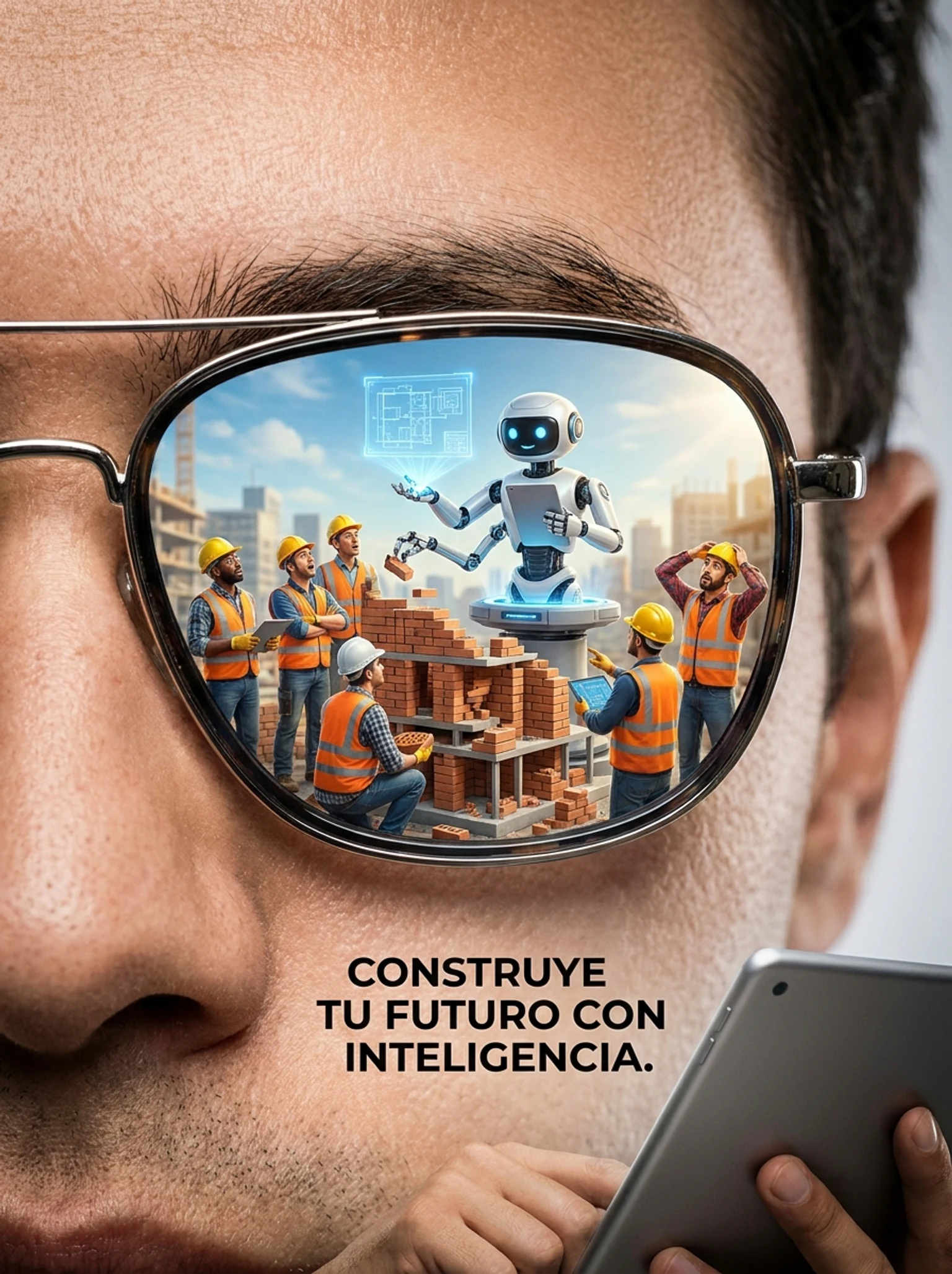 Trabalhadores de construção minúsculos construindo com tijolos enquanto um pequeno robô de IA dirige as operações do projeto e supervisiona o trabalho, com alguns trabalhadores olhando maravilhados e outros confusos.