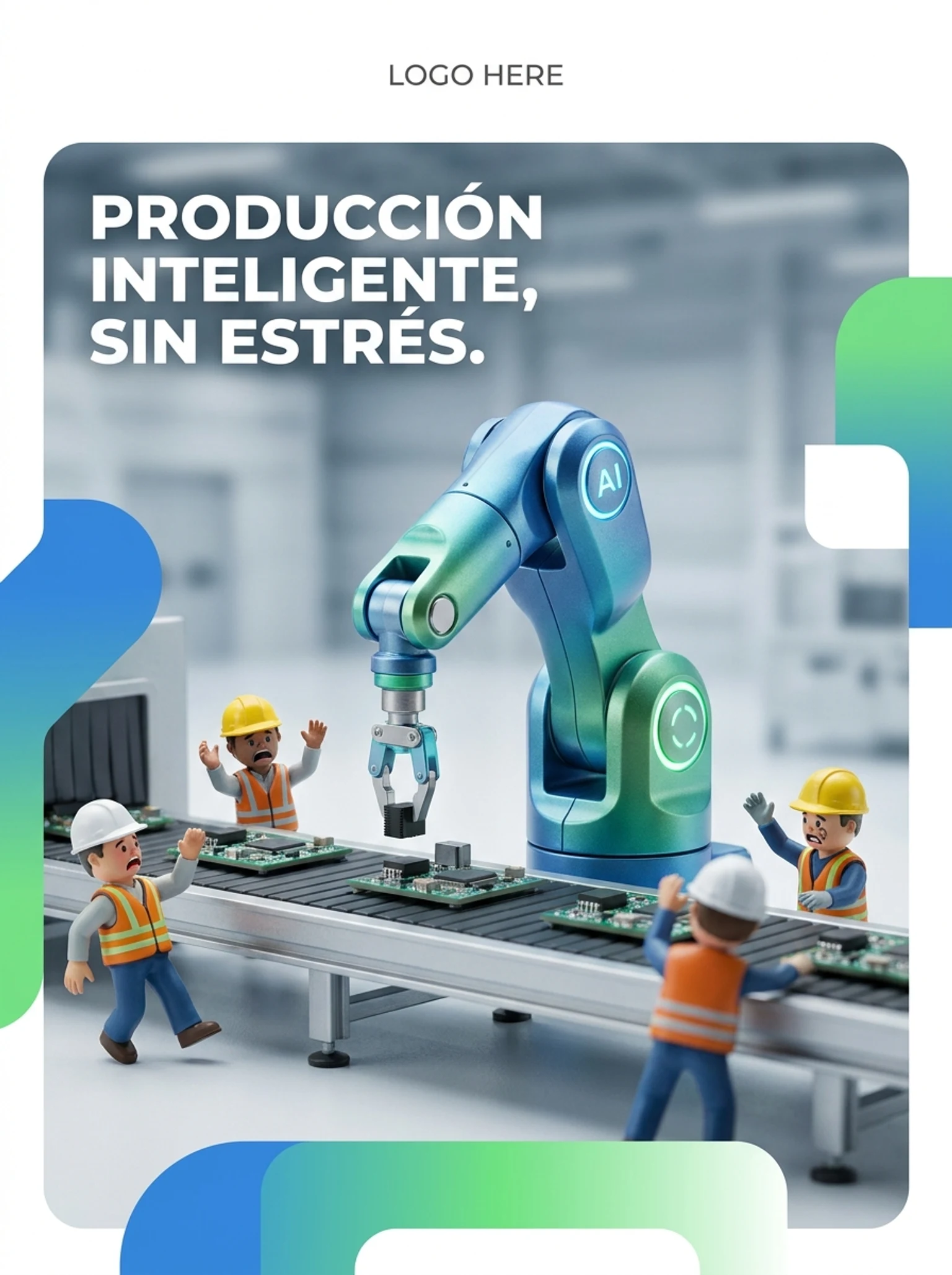 trabajadores de fábrica diminutos entrando en pánico mientras un pequeño robot de IA opera una línea de producción sin fallos