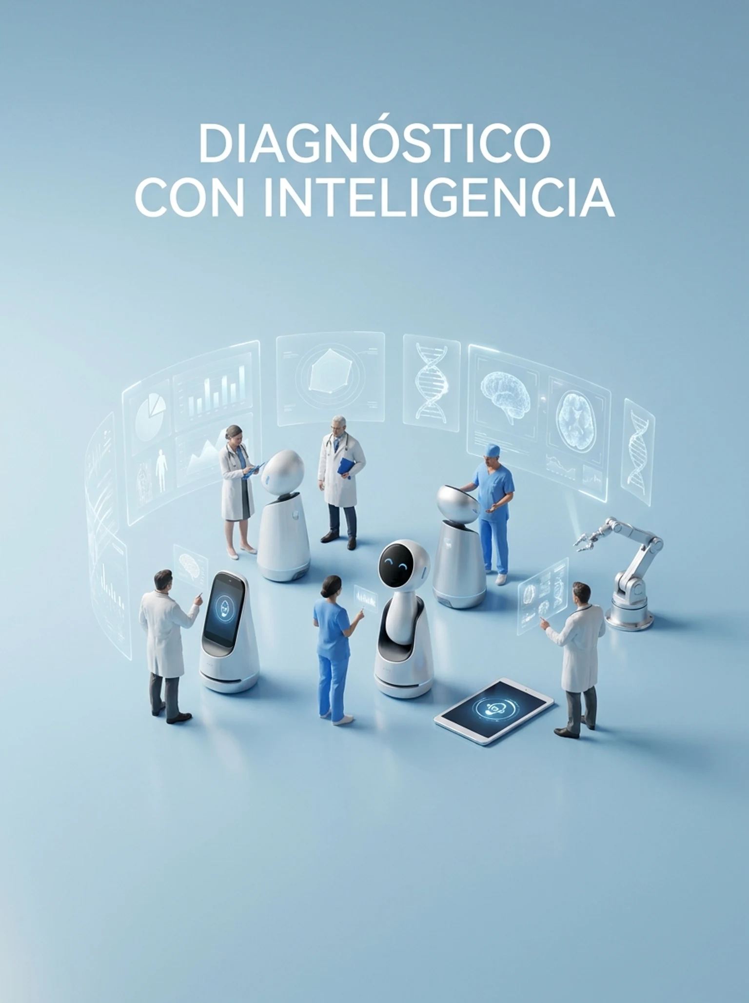 médicos minúsculos usando assistentes de IA para diagnosticar pacientes enquanto registros médicos flutuam ao redor