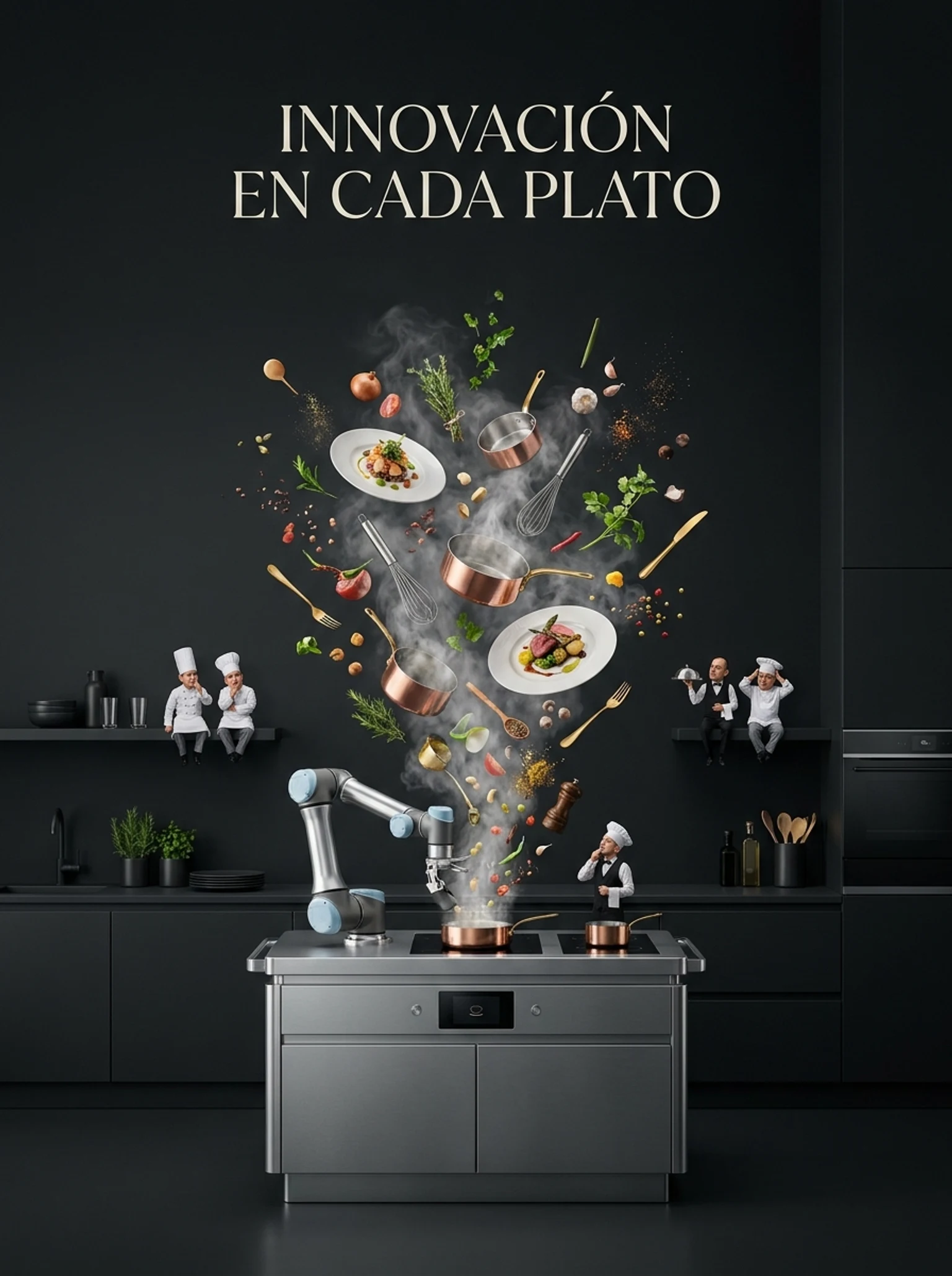 tiny chefs and waiters nervously watching a tiny robot cooking dishes in a restaurant kitchen