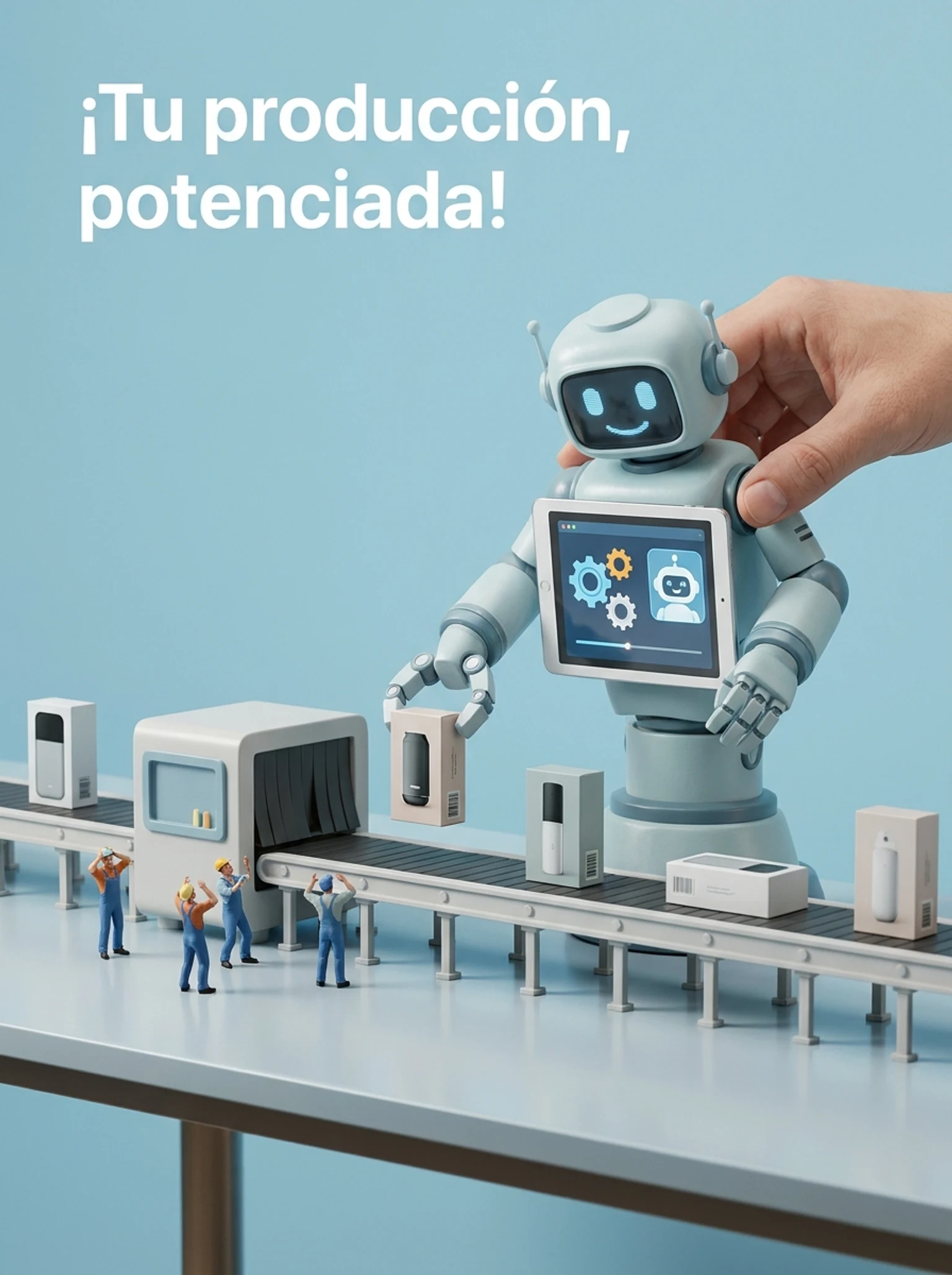 tiny assembly line workers panicking as a giant chatbot takes their product orders and communicates with machines
