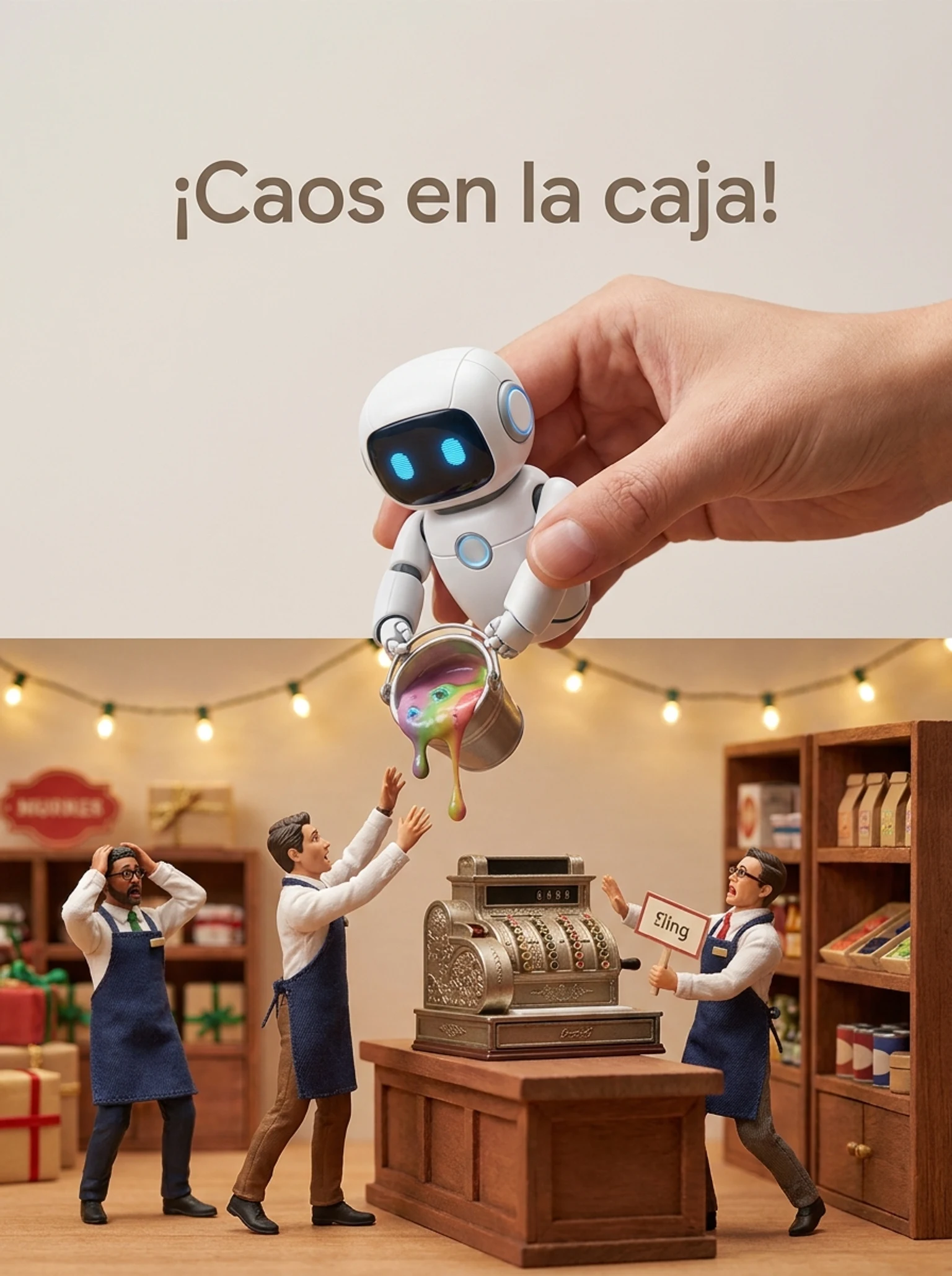 Tiny retail workers panicking as a mini AI robot pours data into a cash register.