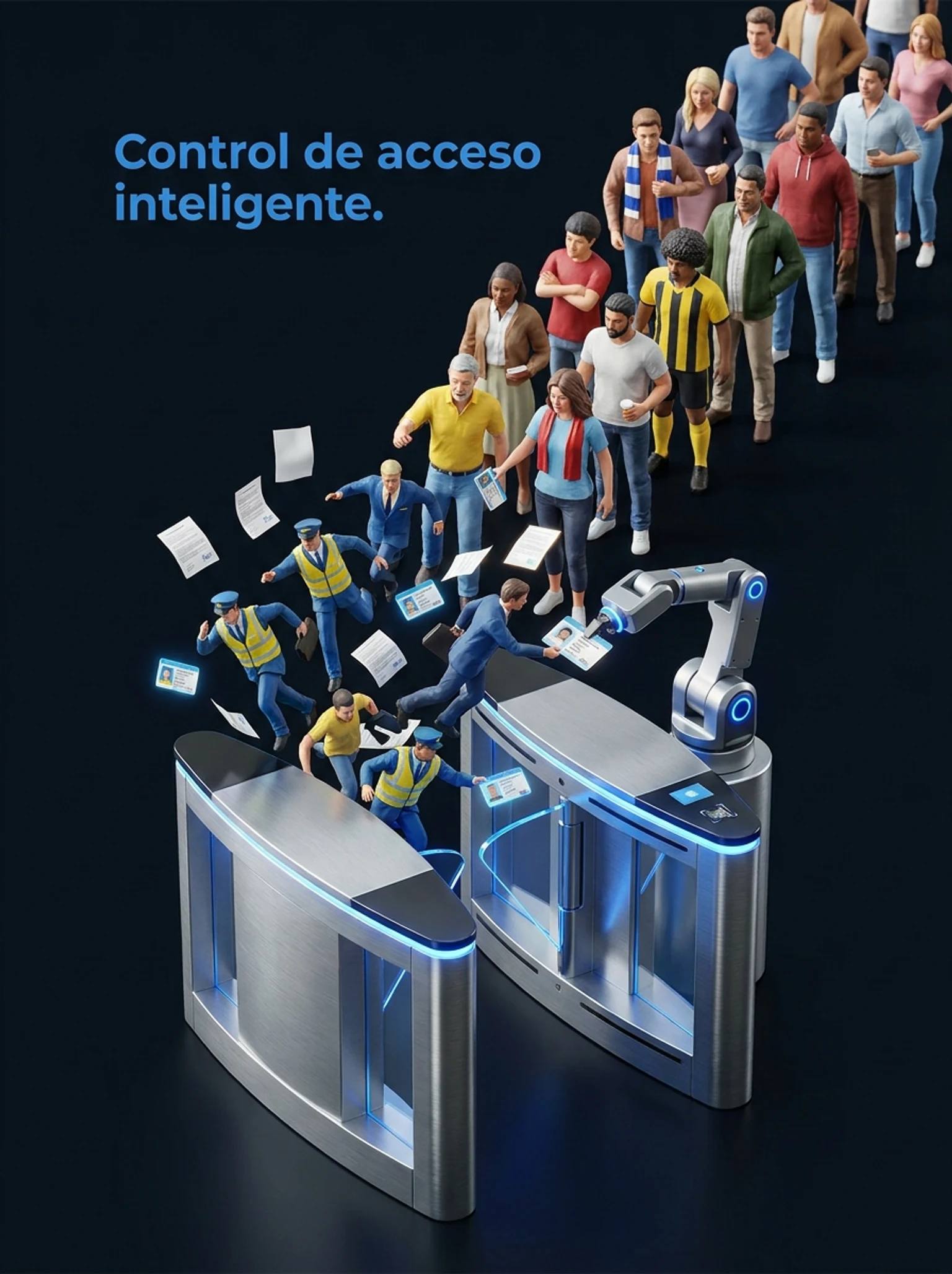 agentes de seguros diminutos en pánico mientras un pequeño robot verifica FAN IDs en la entrada de un estadio