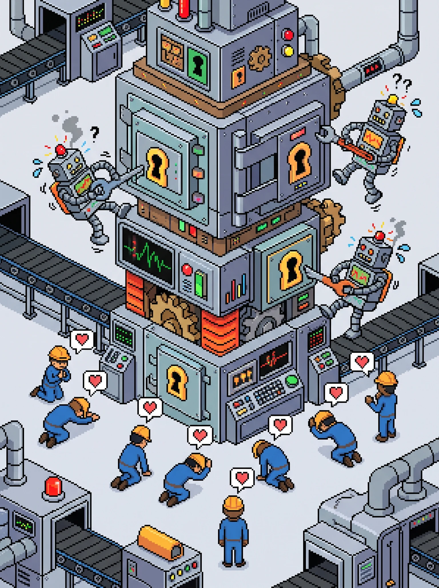 trabajadores diminutos de una fábrica adorando una bóveda de contraseñas gigante mientras robots en pánico intentan acceder sin permiso